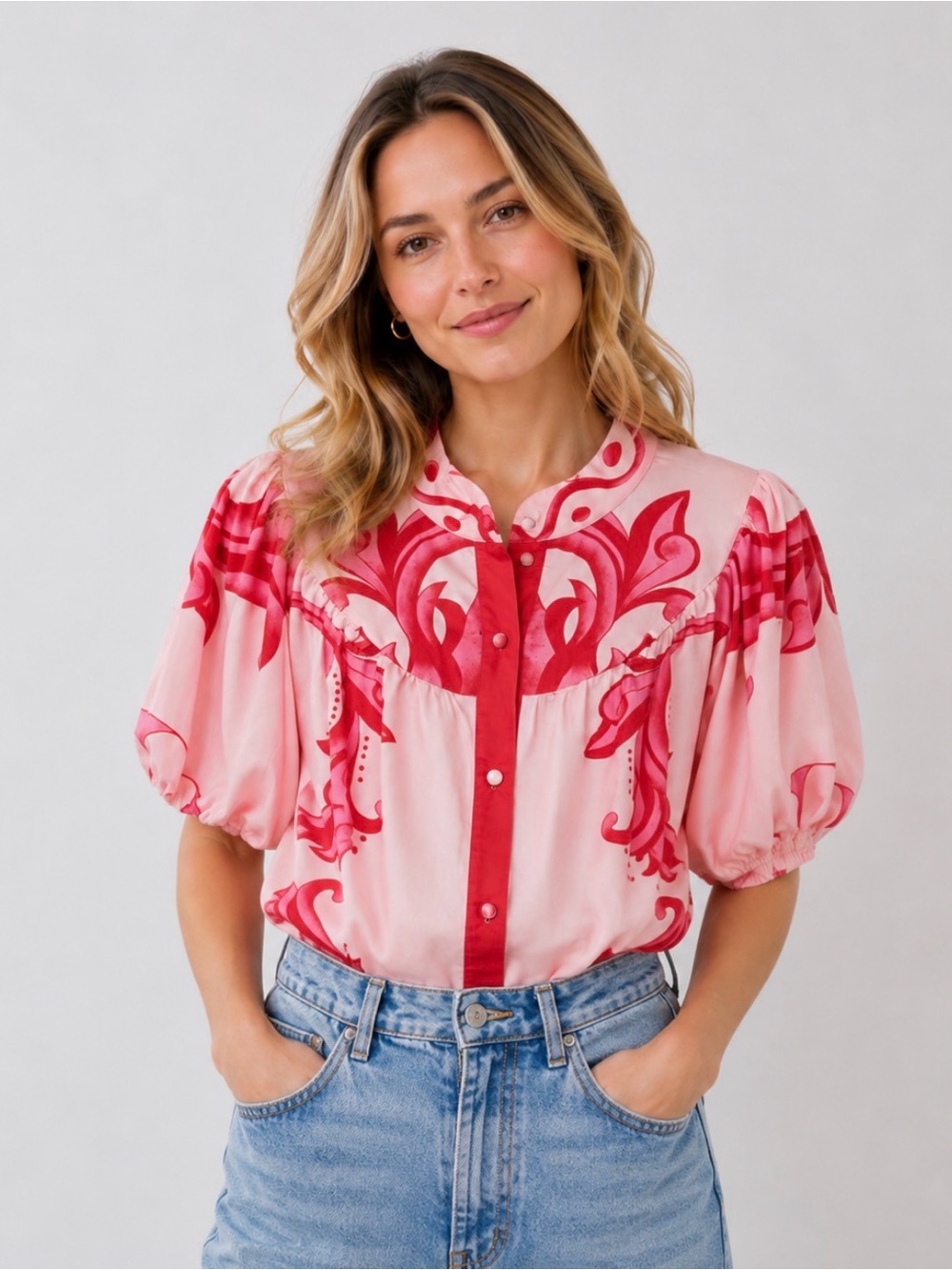 Boutique Pink & Red Boho Puff Sleeve Button Front Top Size 6 / M